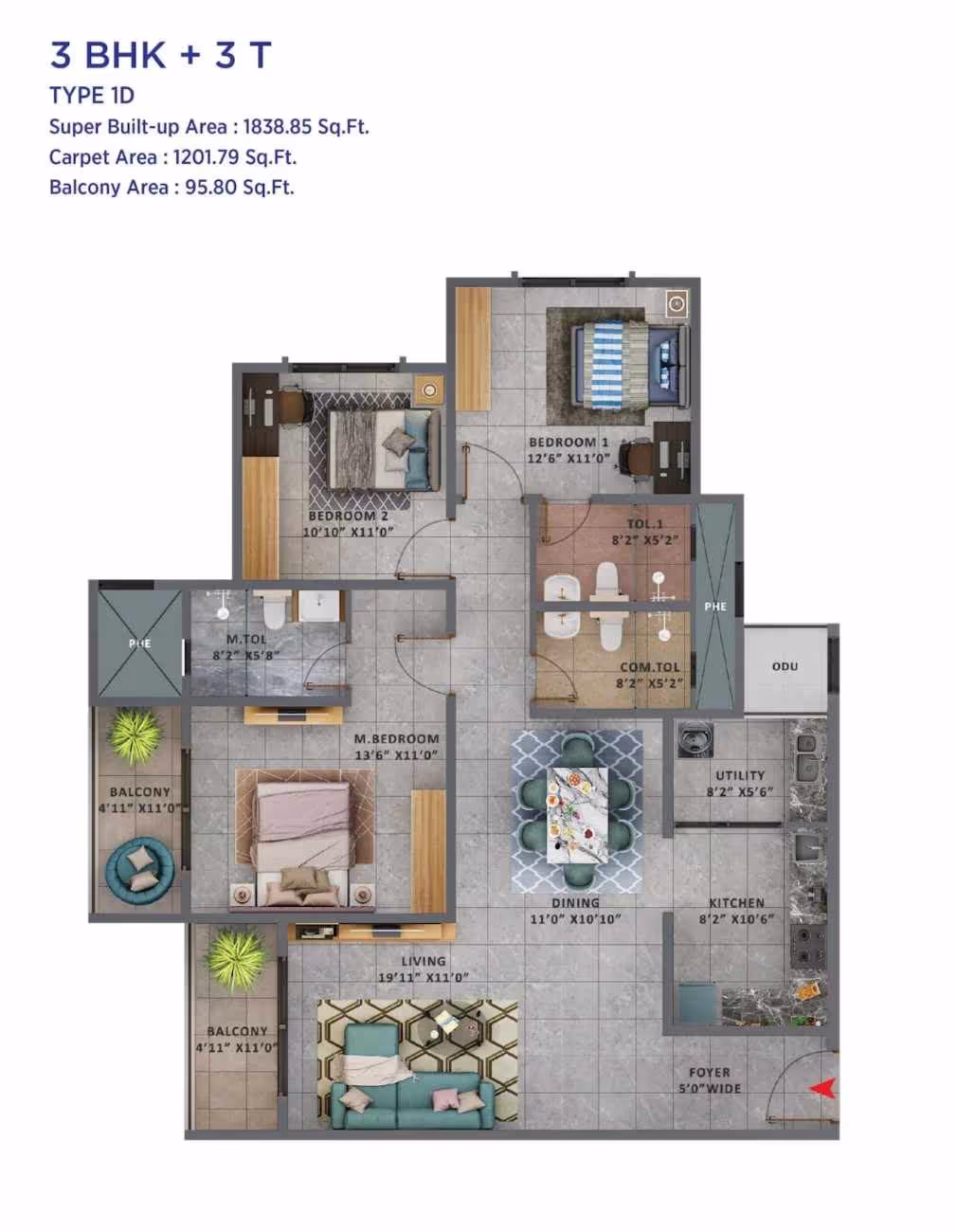 Sattva Forest Ridge - 3BHK+3T - 1838 sqft