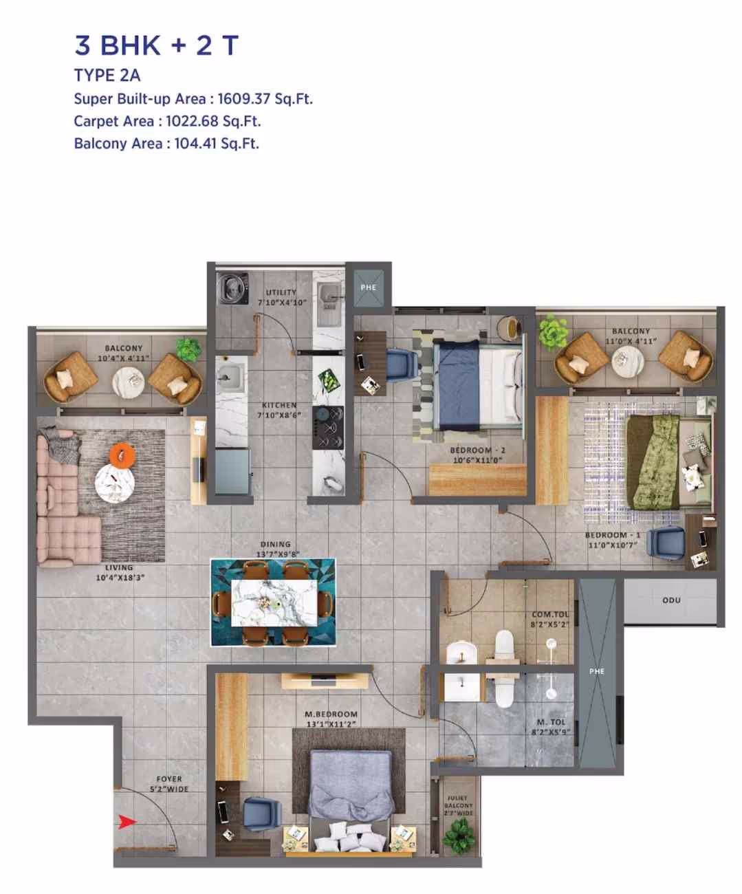 Sattva Forest Ridge - 3BHK+2T - 1610 sqft